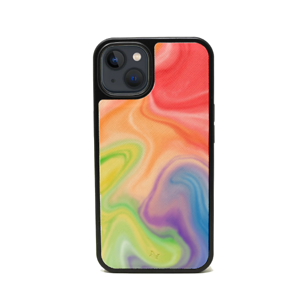 Colorful MAAD Pride iPhone 13 case made of vegan saffiano leather with a soft rubber rim, showcasing personalization options.