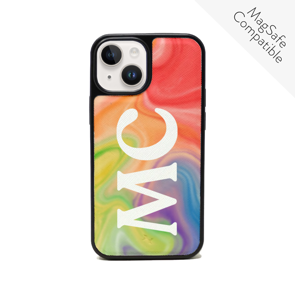 Colorful MAAD Pride iPhone 14 case made from vegan saffiano leather with a soft rubber rim, showcasing personalization options.