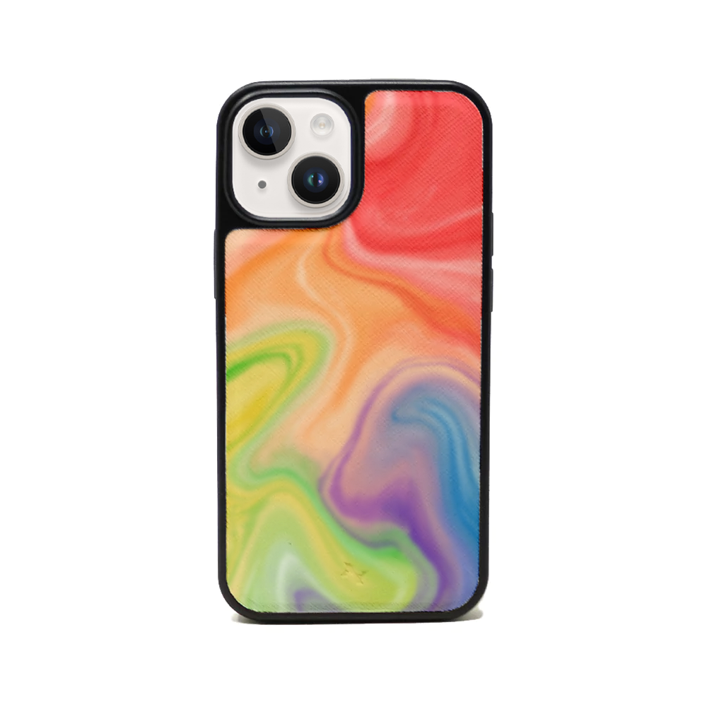 Colorful MAAD Pride iPhone 14 case made from vegan saffiano leather with a soft rubber rim, showcasing personalization options.