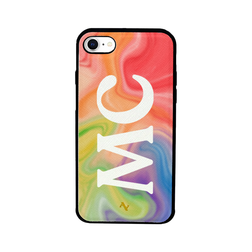 Colorful MAAD Pride iPhone 7/8/SE case made of genuine saffiano leather with a soft rubber rim, showcasing vibrant colors and personalization options.