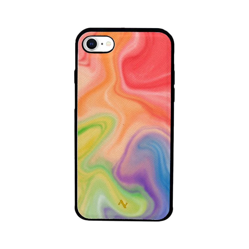 Colorful MAAD Pride iPhone 7/8/SE case made of genuine saffiano leather with a soft rubber rim, showcasing vibrant colors and personalization options.