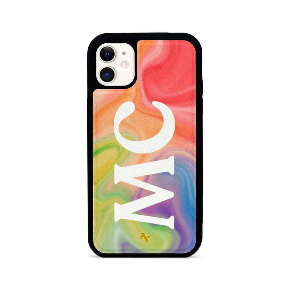 Colorful MAAD Pride iPhone 11 case made of vegan saffiano leather with a soft rubber rim, showcasing personalization options.