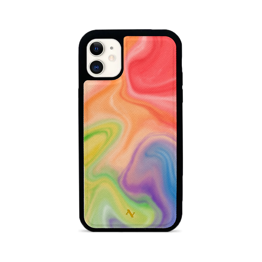 Colorful MAAD Pride iPhone 11 case made of vegan saffiano leather with a soft rubber rim, showcasing personalization options.