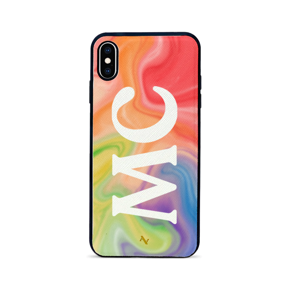 Colorful MAAD Pride iPhone XS MAX case made of genuine saffiano leather with a soft rubber rim, showcasing personalization options.