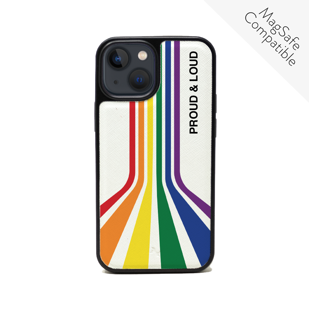 MAAD Pride vegan saffiano leather phone case for iPhone 13 Mini, featuring a soft rubber rim and customizable design options.