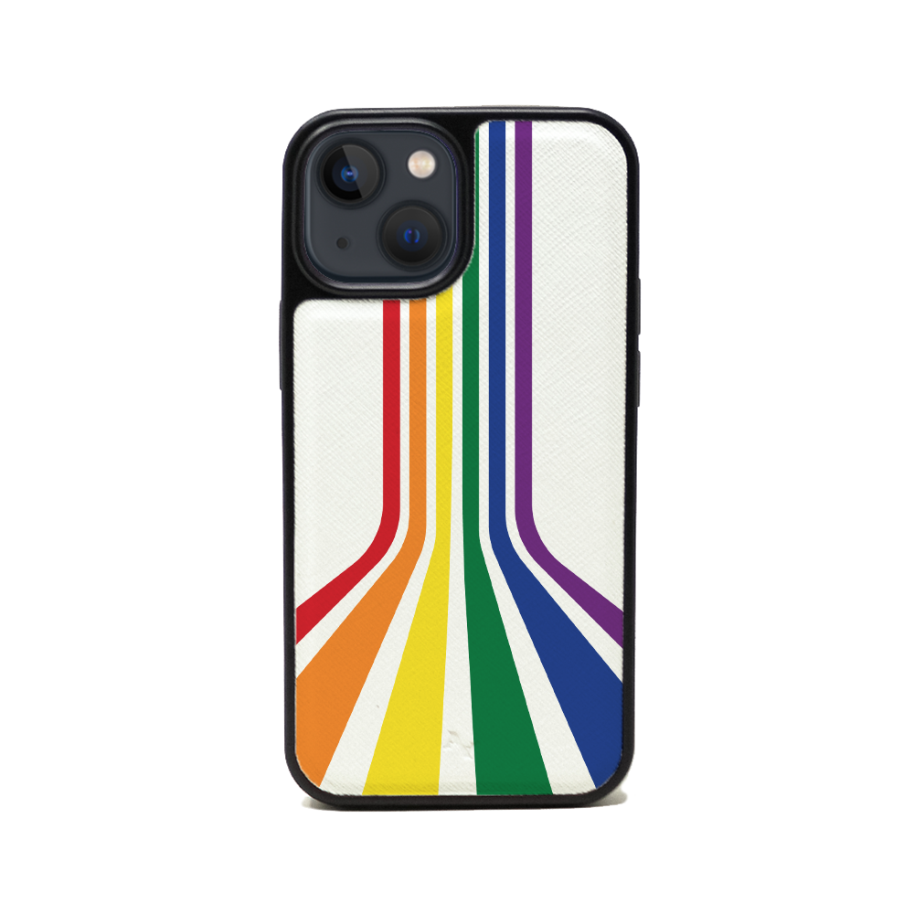 MAAD Pride vegan saffiano leather phone case for iPhone 13 Mini, featuring a soft rubber rim and customizable design options.