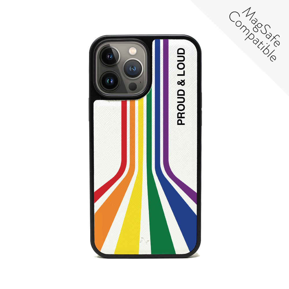 MAAD Pride - Proud and Loud iPhone 13 Pro Max case in vegan saffiano leather with a soft rubber rim, showcasing personalization options.