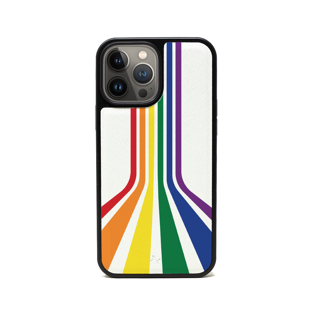 MAAD Pride - Proud and Loud iPhone 13 Pro Max case in vegan saffiano leather with a soft rubber rim, showcasing personalization options.