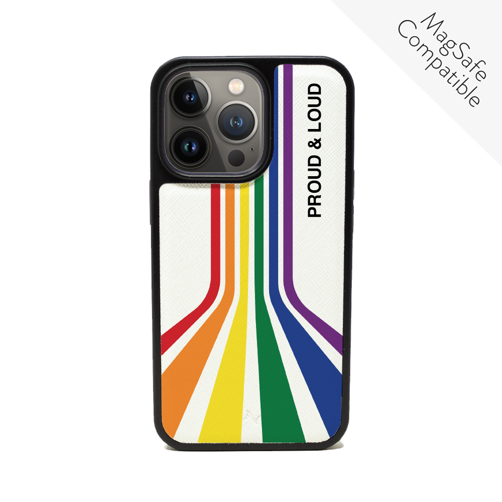 MAAD Pride vegan saffiano leather iPhone 13 Pro case with soft rubber rim, showcasing personalization options.