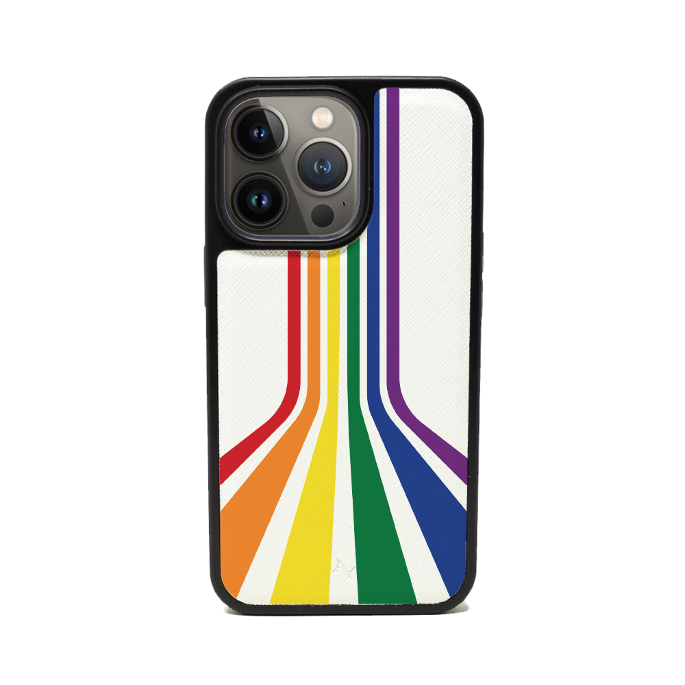 MAAD Pride vegan saffiano leather iPhone 13 Pro case with soft rubber rim, showcasing personalization options.