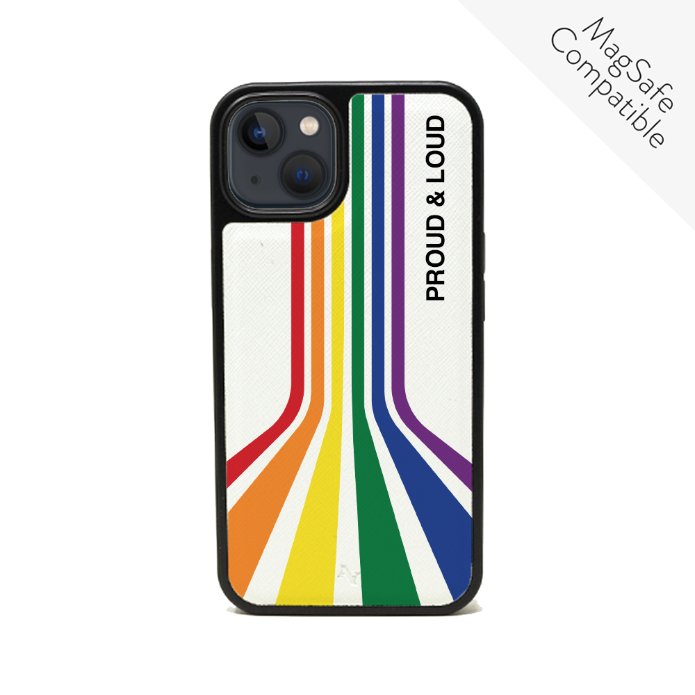 MAAD Pride - Proud and Loud iPhone 13 case in vegan saffiano leather with customizable options.