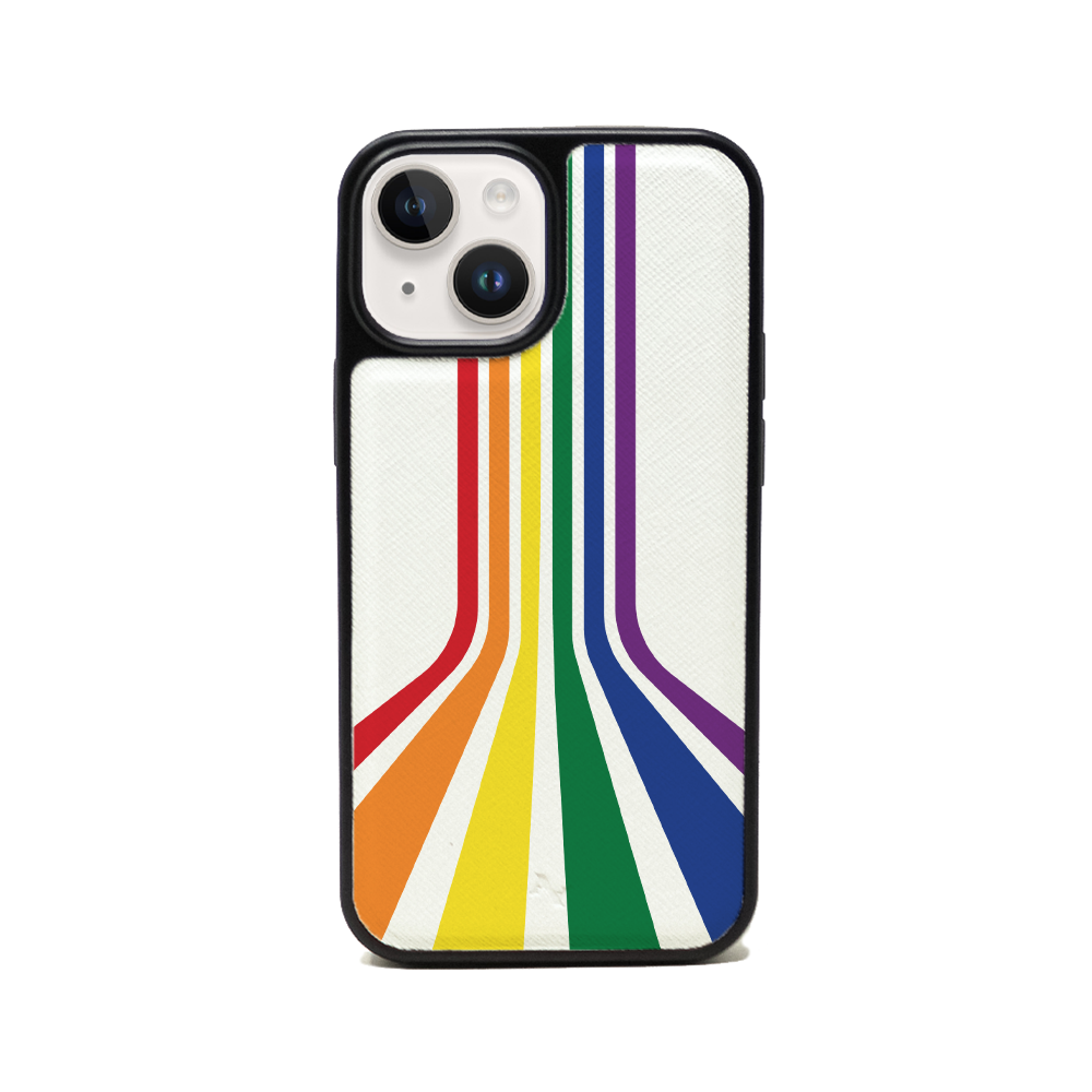 MAAD Pride vegan saffiano leather iPhone 14 case with soft rubber rim, customizable with monogram options.