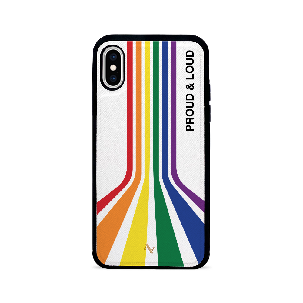 MAAD Pride iPhone X/XS case made of genuine saffiano leather with a soft rubber rim, showcasing personalization options.