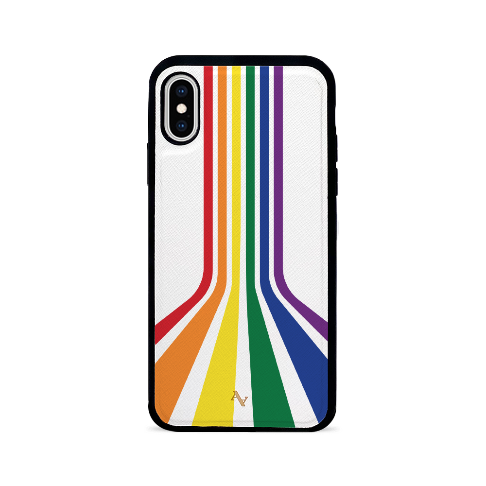 MAAD Pride iPhone X/XS case made of genuine saffiano leather with a soft rubber rim, showcasing personalization options.