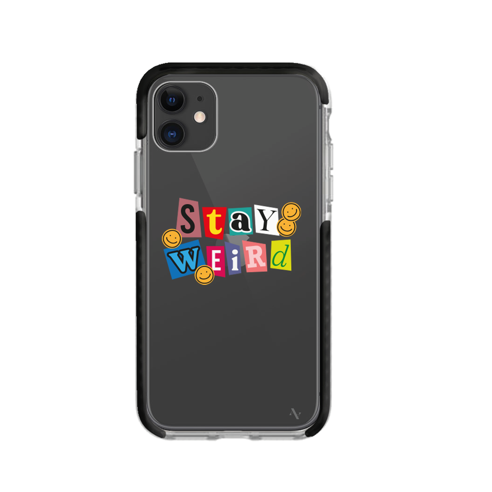 MAAD Stay Weird clear case for iPhone 11 featuring a unique design and slim profile, providing protection without bulk.