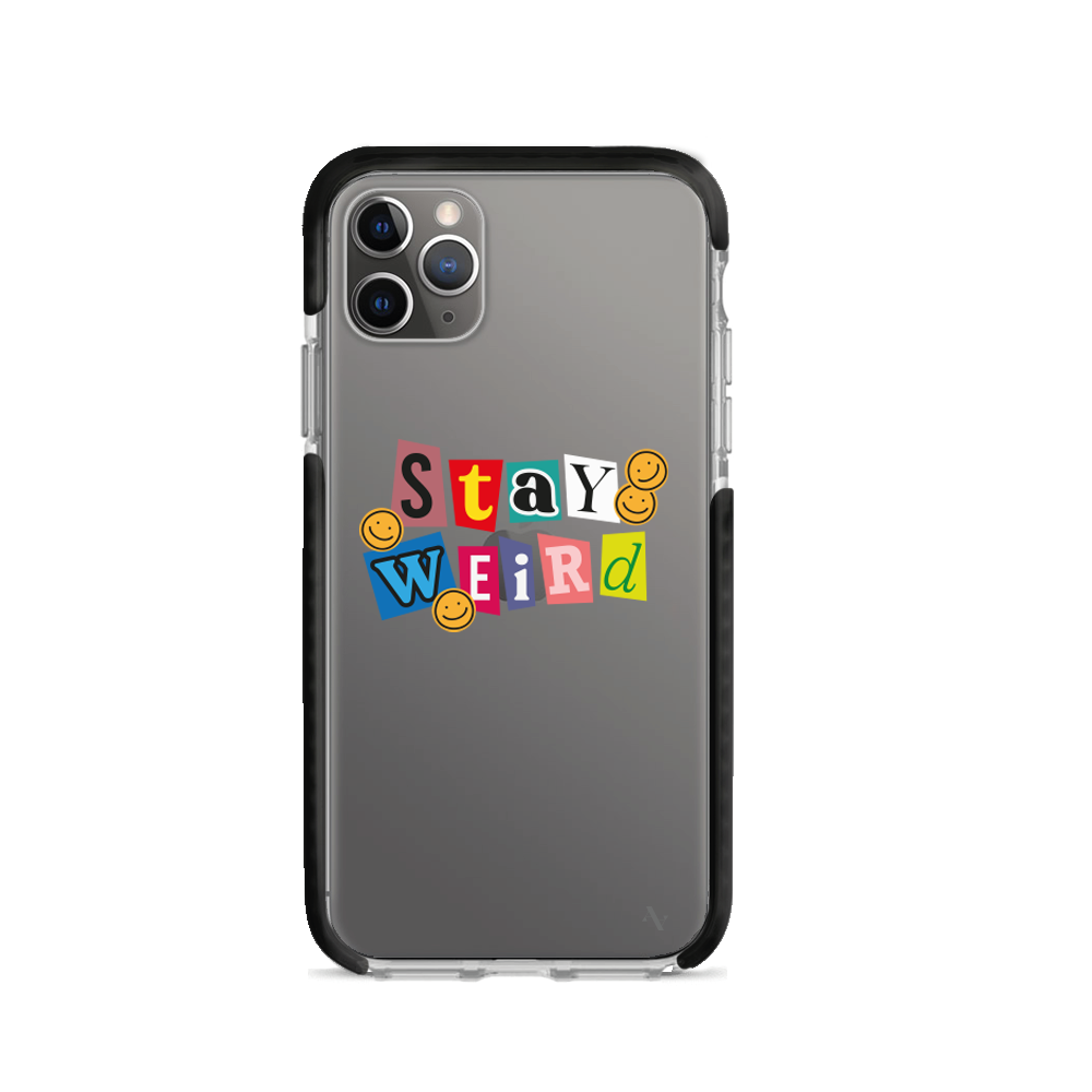 MAAD Stay Weird iPhone 11 Pro Clear Case featuring a colorful fruit sticker design, slim profile, and protective edges.