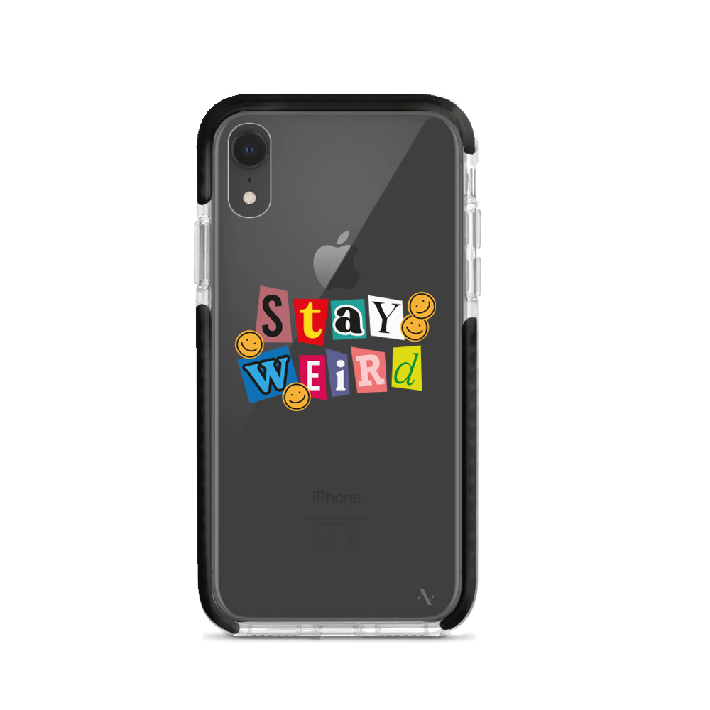 MAAD Stay Weird clear case for iPhone XR featuring a unique design and slim profile for protection.