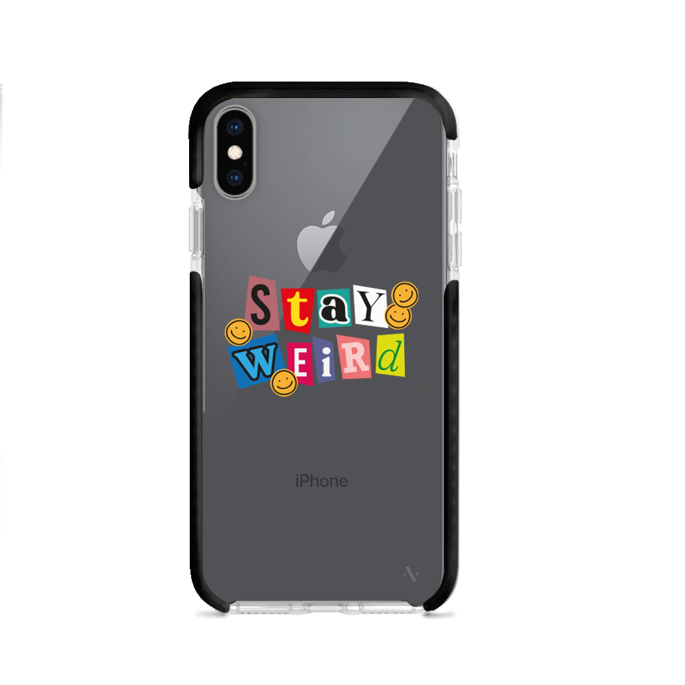 MAAD Stay Weird clear case for iPhone XS MAX, showcasing a slim design with impact-absorbing edges and a stylish slogan.