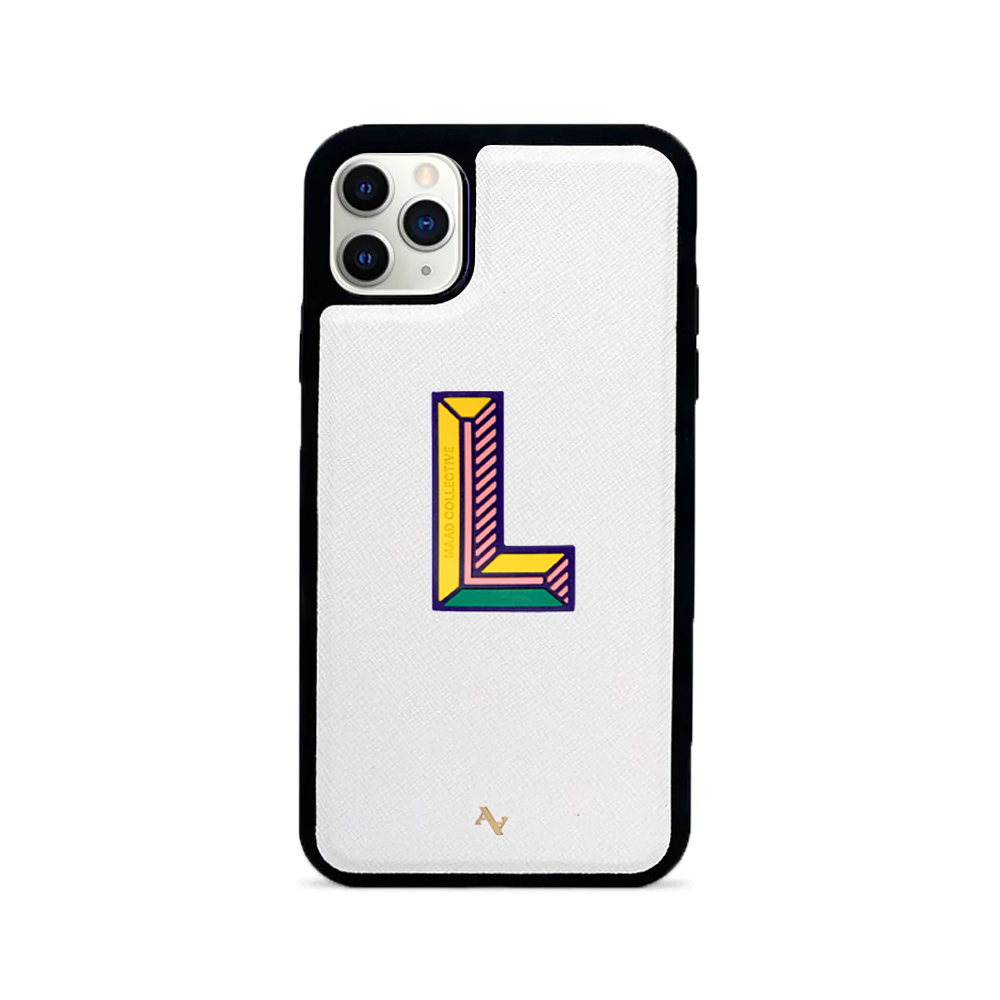 MAAD Stickers Alphabet for iPhone 11 Pro Max in white, showcasing customizable letters for personalization.