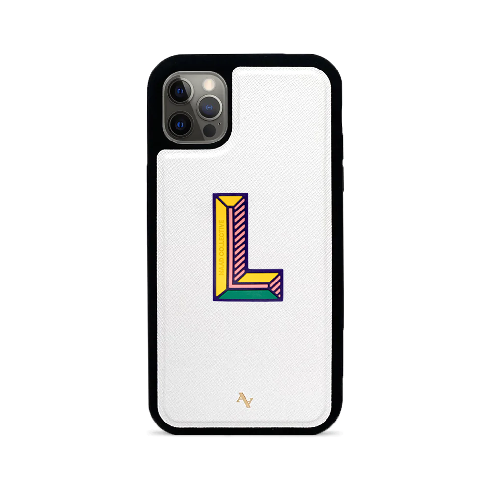 MAAD Stickers Alphabet for iPhone 12 Pro in white, showcasing customizable letters for personalization.