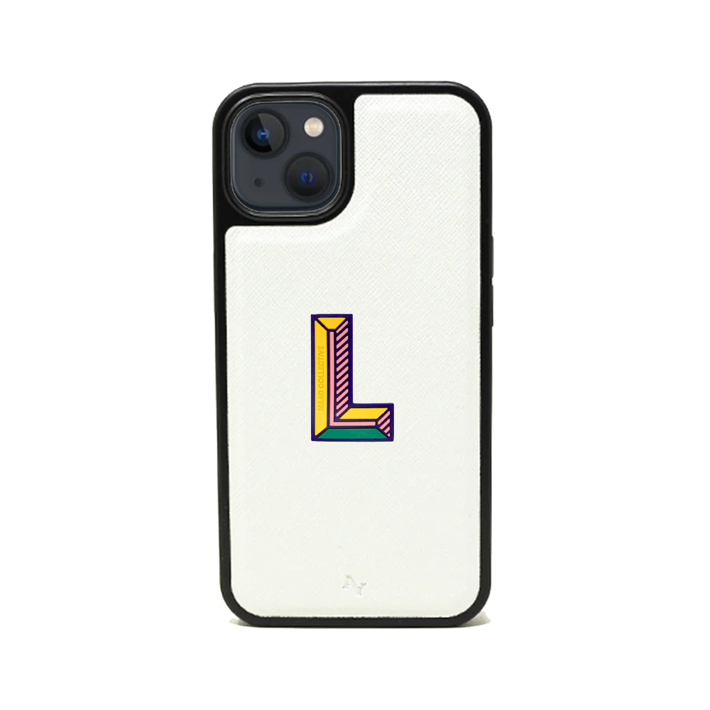 MAAD Stickers Alphabet for iPhone 13 Mini in white, showcasing customizable letters for personalization.