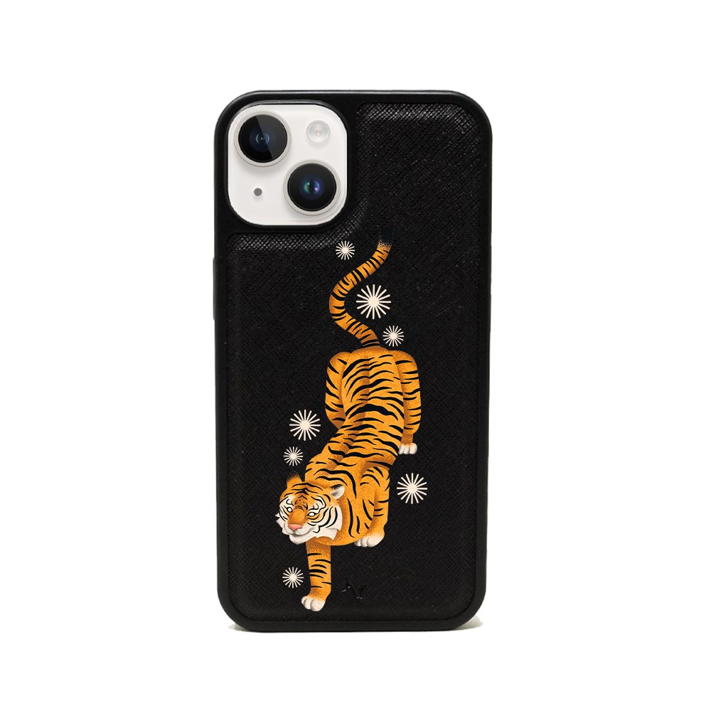 MAAD Tiger Black iPhone 14 Plus Leather Case made from vegan saffiano leather with a soft rubber rim, showcasing personalization options.