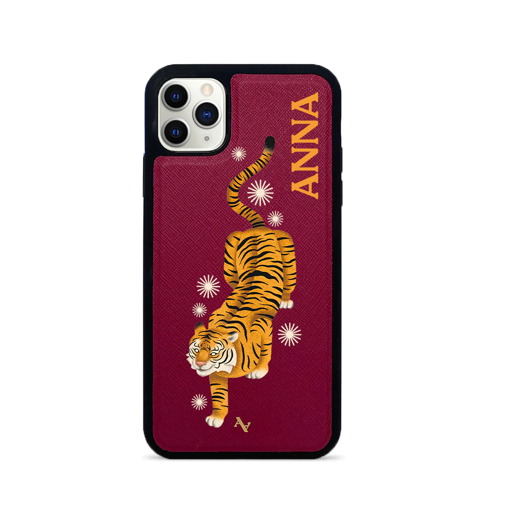 MAAD Tiger Red Leather Case for iPhone 11 Pro Max with saffiano texture and rubber rim.