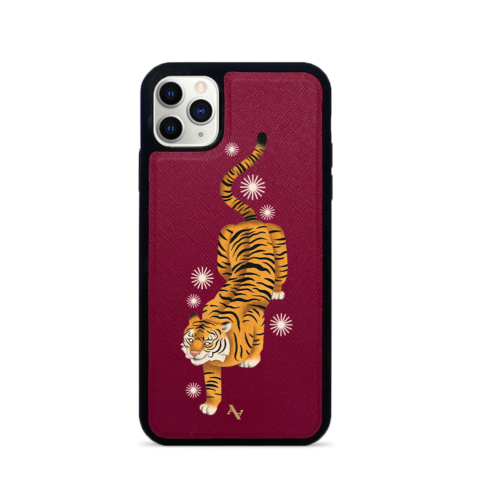 MAAD Tiger Red Leather Case for iPhone 11 Pro Max with saffiano texture and rubber rim.