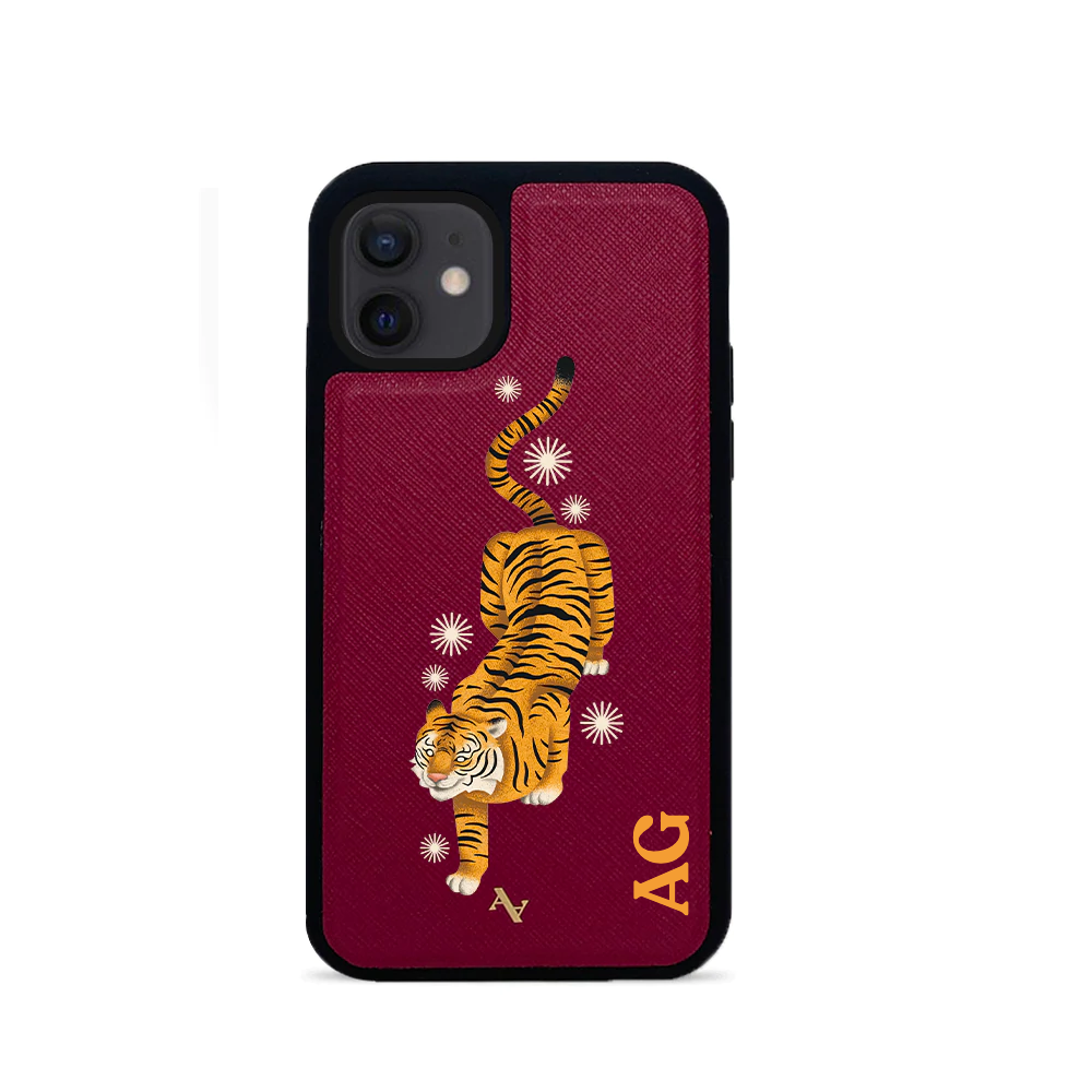 MAAD Tiger Red Leather Case for iPhone 12 Mini, showcasing saffiano leather and rubber rim.