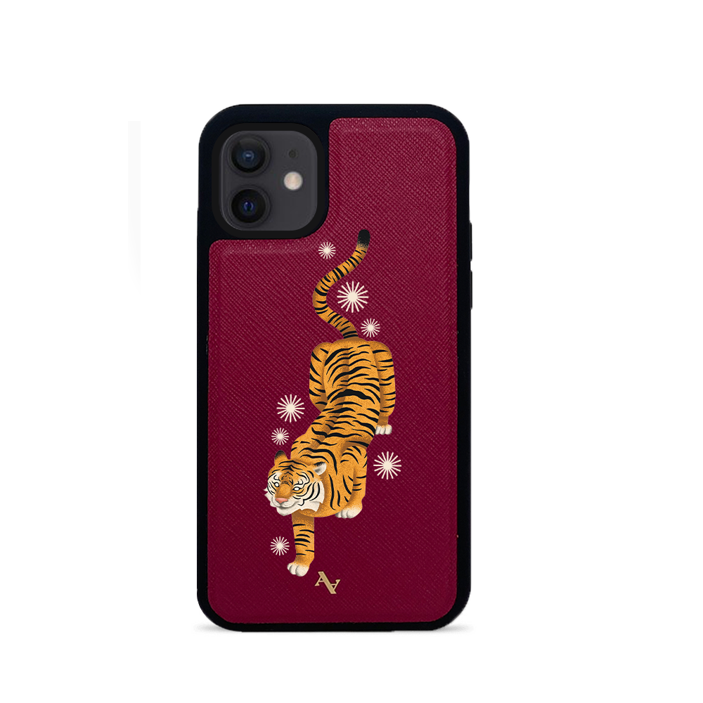 MAAD Tiger Red Leather Case for iPhone 12 Mini, showcasing saffiano leather and rubber rim.