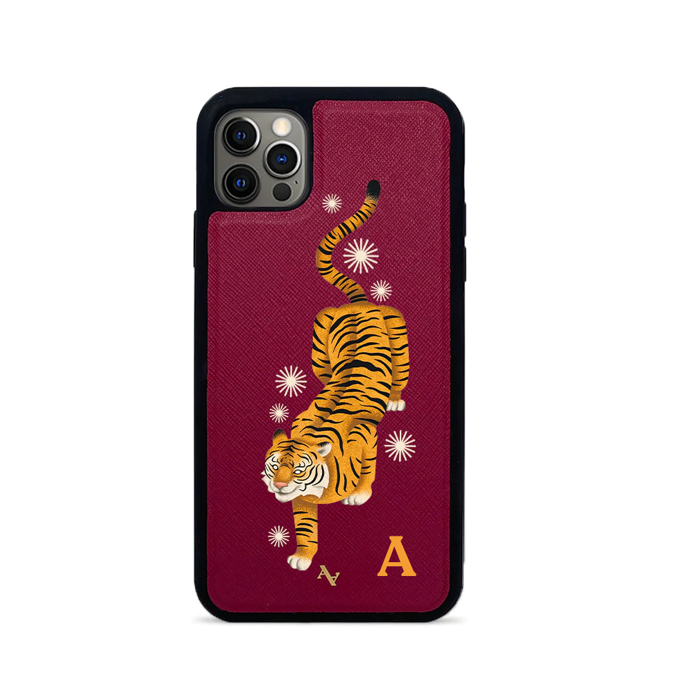 MAAD Tiger Red Leather Case for iPhone 12 Pro Max with saffiano texture and rubber rim.