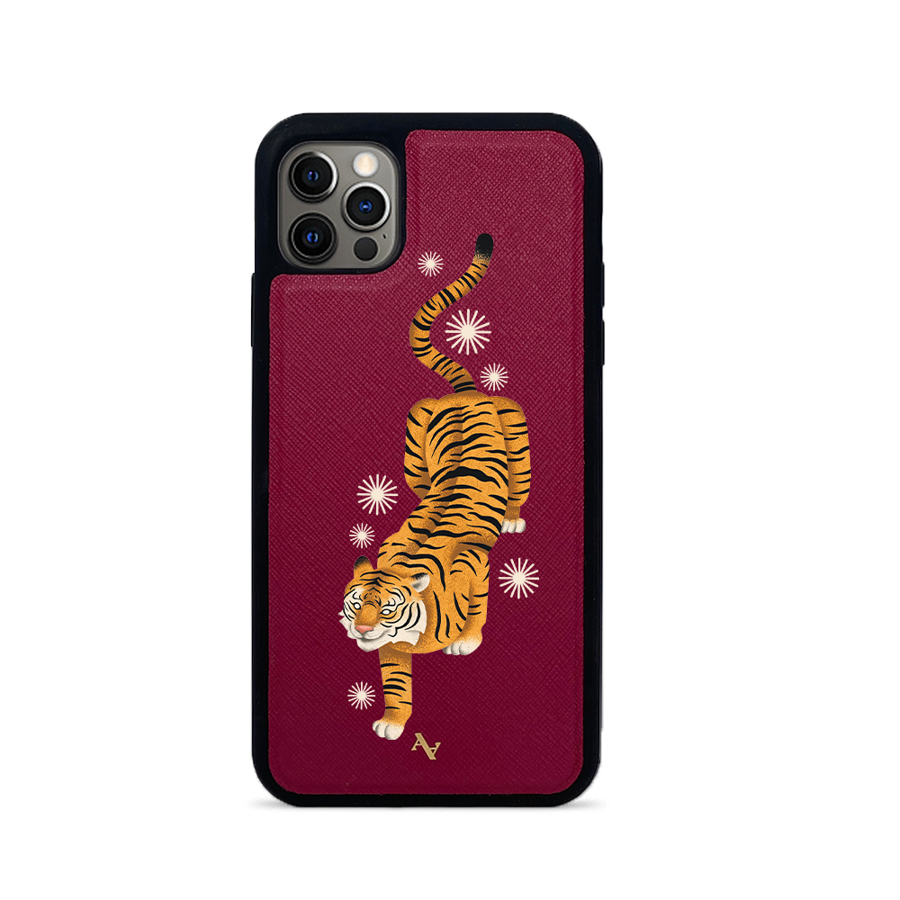 MAAD Tiger Red Leather Case for iPhone 12 Pro Max with saffiano texture and rubber rim.