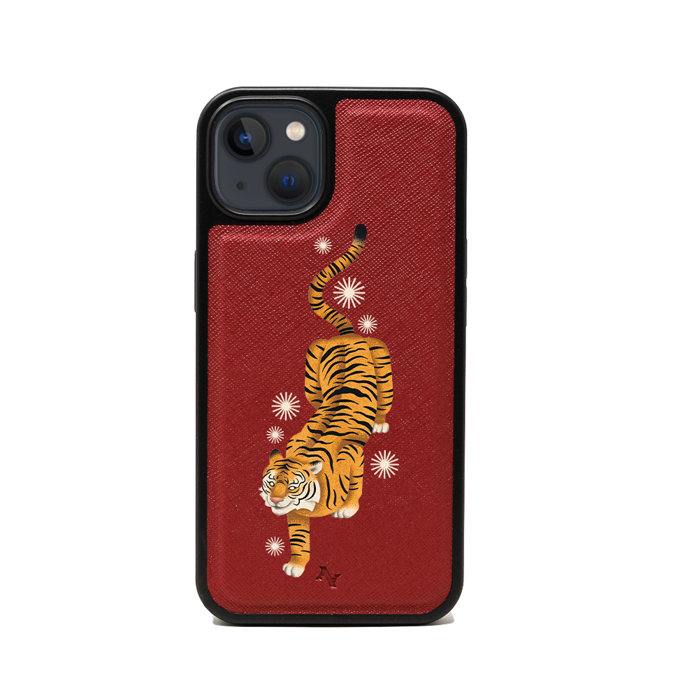 MAAD Tiger Red Leather Case for iPhone 13, featuring vegan saffiano leather and soft rubber rim for protection.