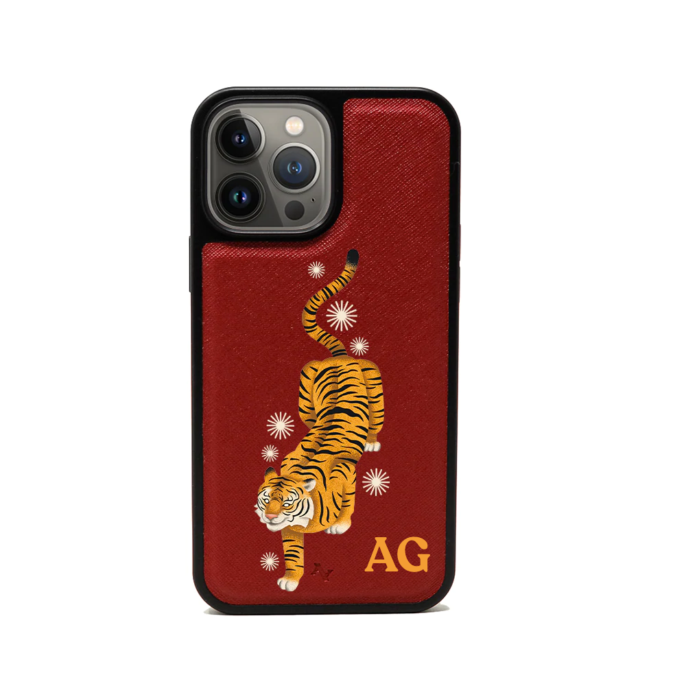 MAAD Tiger Red Leather Case for iPhone 13 Pro Max, featuring vegan saffiano leather and soft rubber rim.