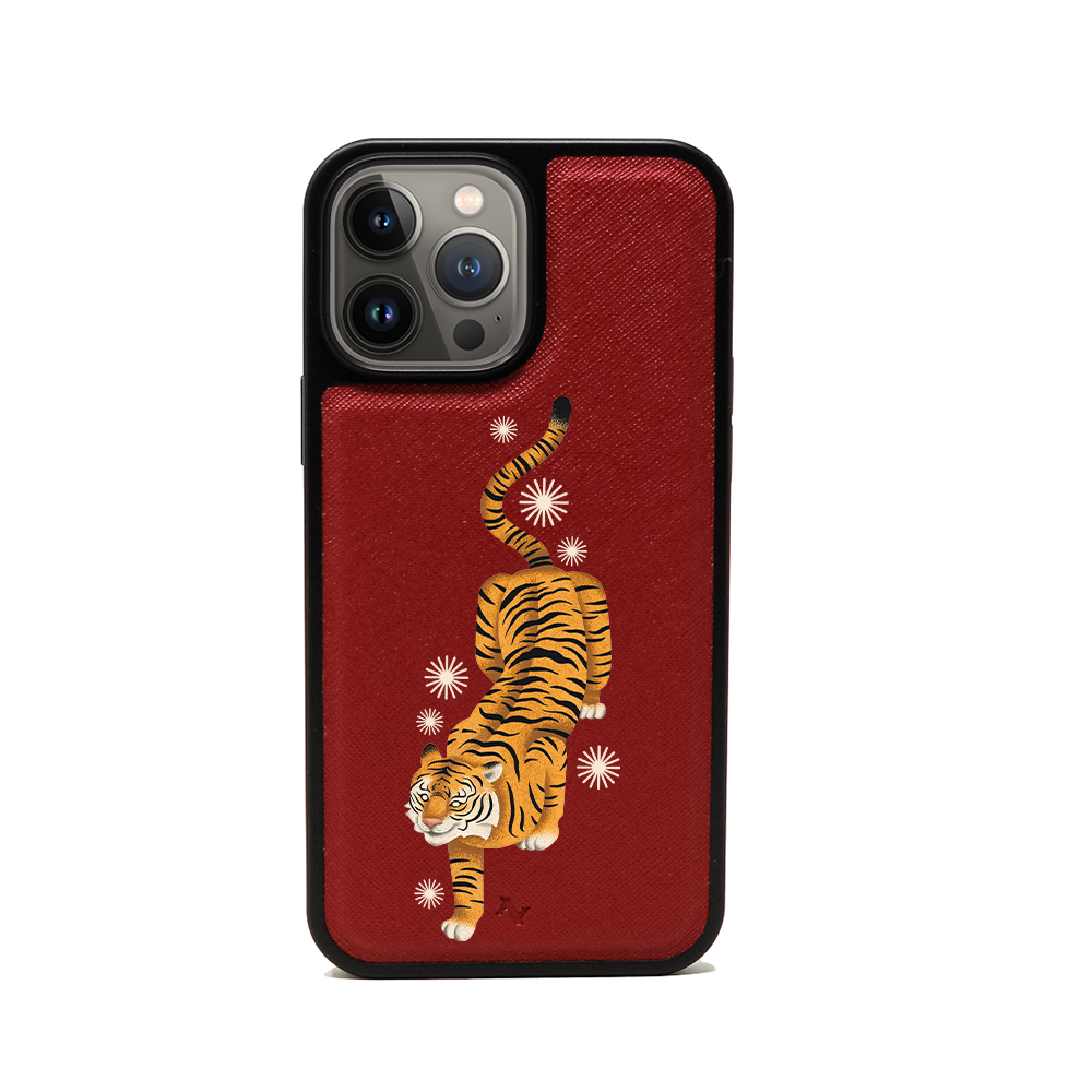 MAAD Tiger Red Leather Case for iPhone 13 Pro Max, featuring vegan saffiano leather and soft rubber rim.