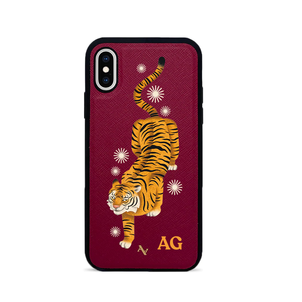 MAAD Tiger Red Leather Case for iPhone X/XS with soft rubber rim and personalized monogram options.