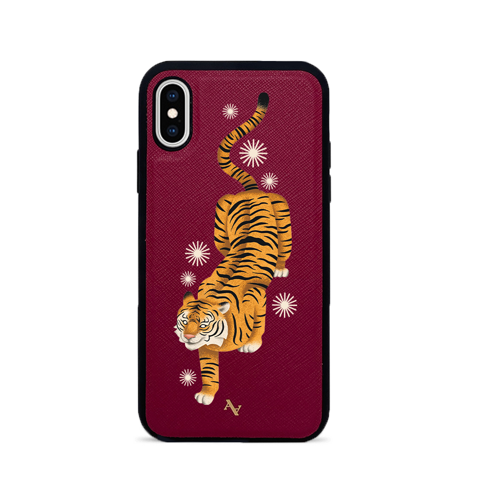 MAAD Tiger Red Leather Case for iPhone X/XS with soft rubber rim and personalized monogram options.