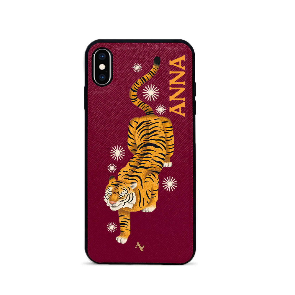 MAAD Tiger Red iPhone XS Max Leather Case featuring saffiano leather and rubber rim, showcasing personalization options.