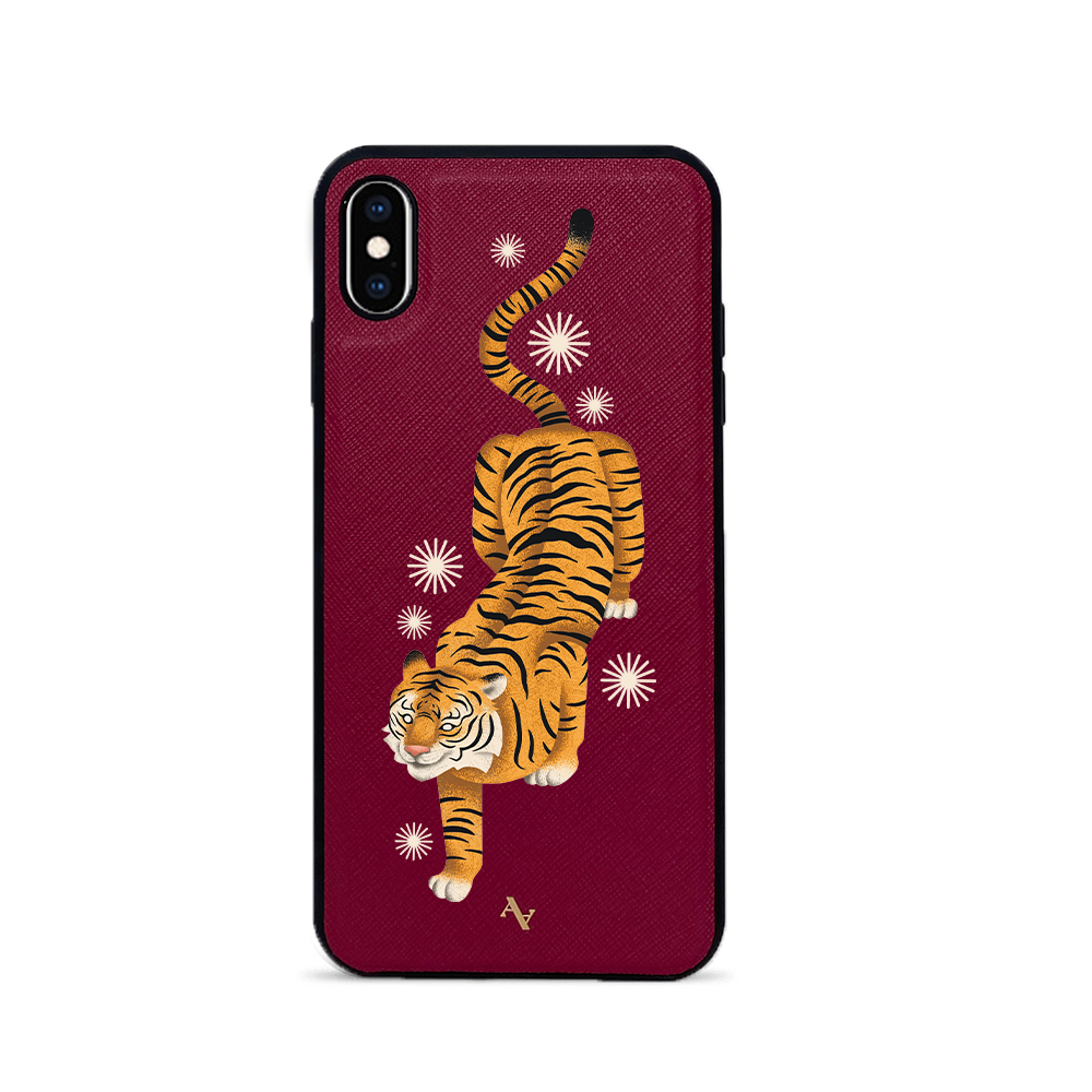 MAAD Tiger Red iPhone XS Max Leather Case featuring saffiano leather and rubber rim, showcasing personalization options.