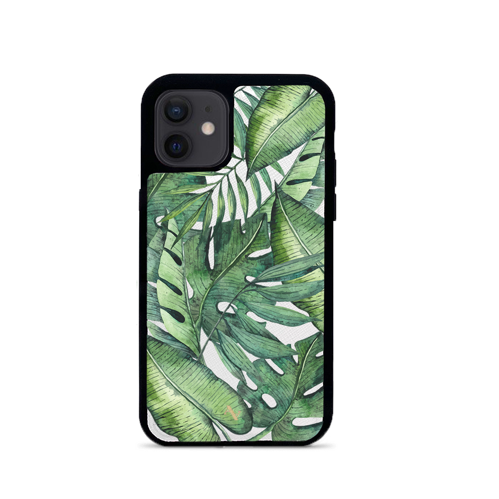 MAAD Tropical Plants Creta Leather Case for iPhone 12 Mini, featuring saffiano leather and customizable monogram options.