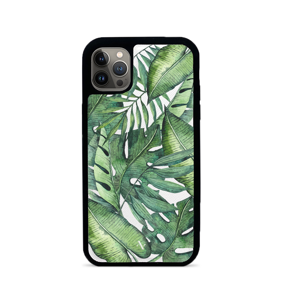 MAAD Tropical Plants Creta Leather Case for iPhone 13 Pro, featuring vegan saffiano leather and customizable design options.