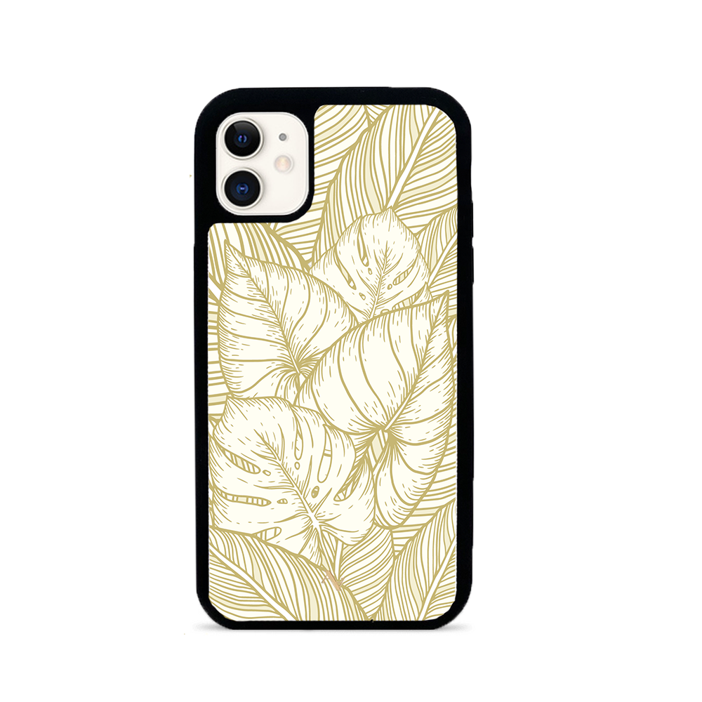 MAAD Tropical Plants iPhone 11 Leather Case in saffiano leather with rubber rim, showcasing personalization options.