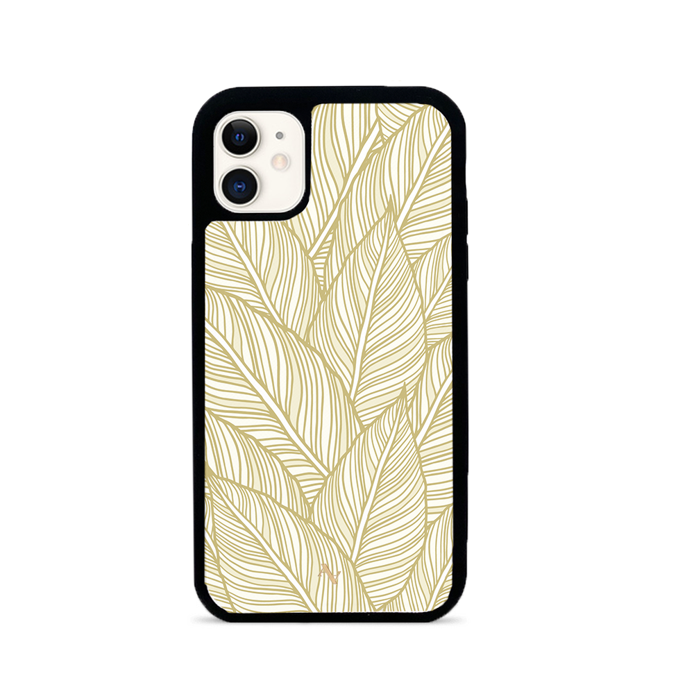 MAAD Tropical Plants iPhone 11 Leather Case in saffiano leather with rubber rim, showcasing personalization options.