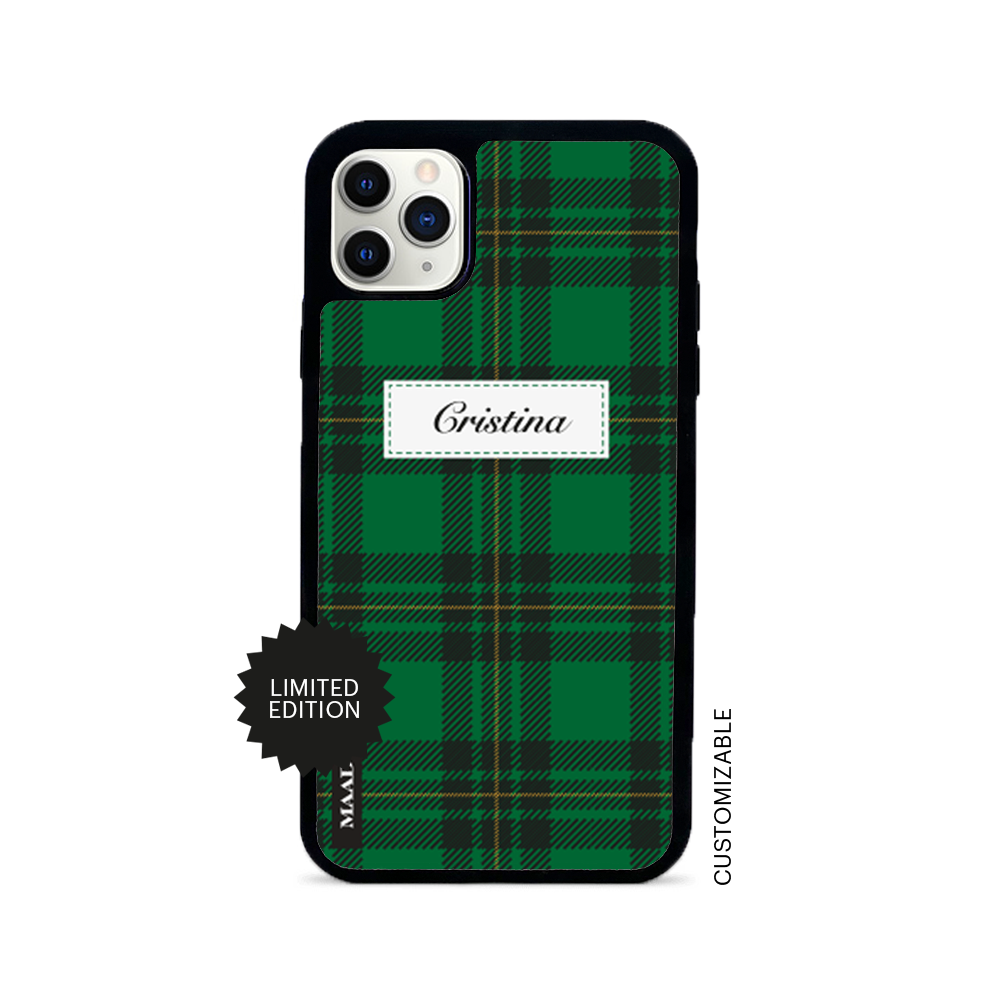 MAAD Winter Slay Ride iPhone 11 Pro Max Leather Case in genuine saffiano leather with a soft rubber rim, showcasing personalization options.