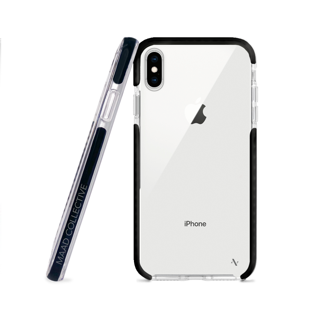 MAAD World Clear Case for iPhone XS MAX, showcasing a slim and transparent design that protects the device while highlighting its original aesthetics.