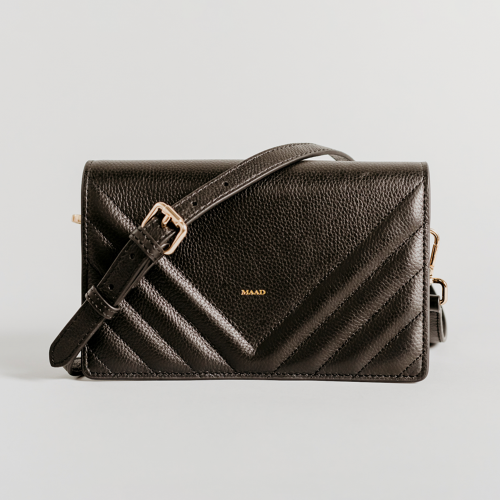 Match Black Quilted Crossbody bag made of smooth pebble leather with an adjustable strap and interior cardholder.