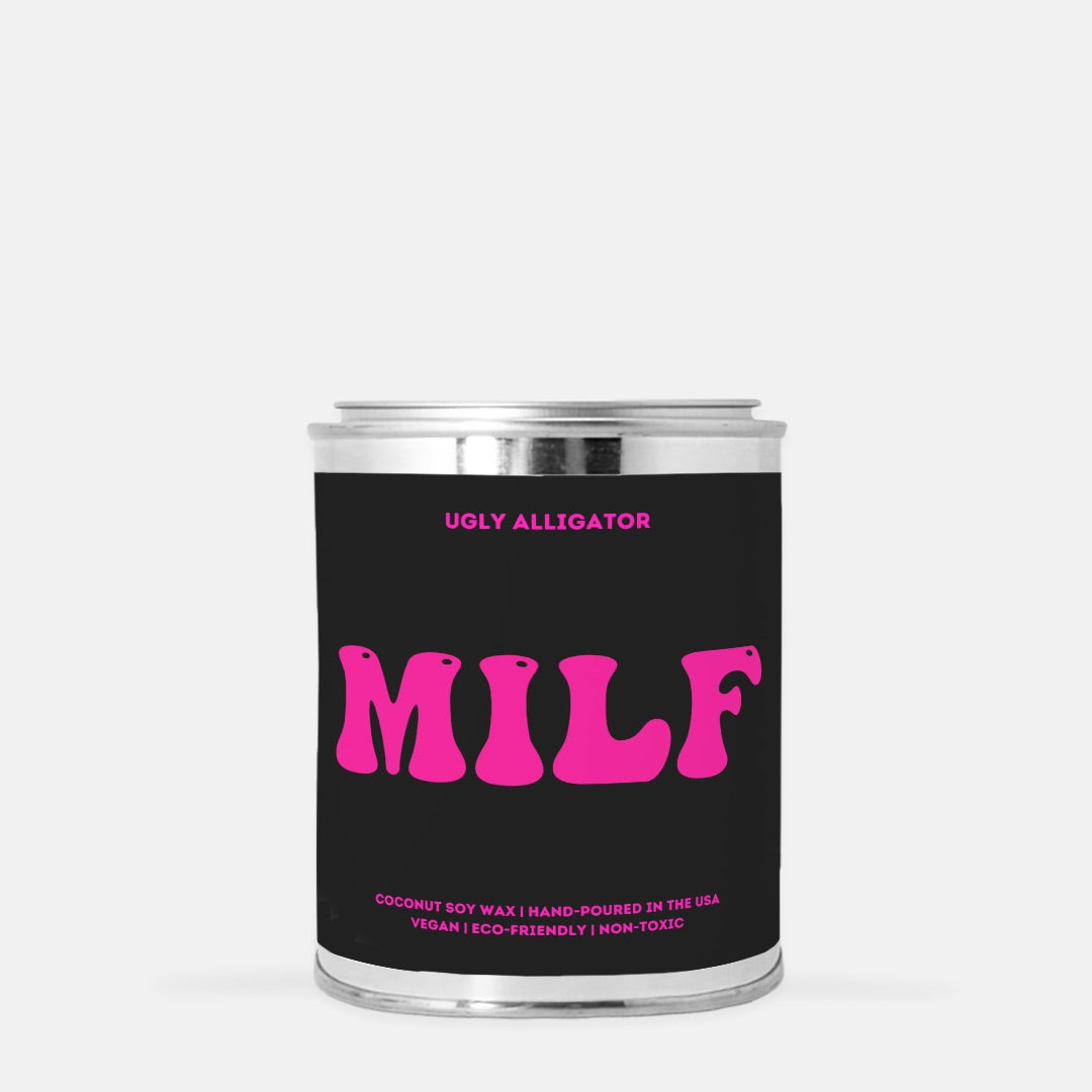 Milf Candle Paint Can, hand-poured 16 oz. candle in natural off-white color with a matte finish label, showcasing eco-friendly wood wick.