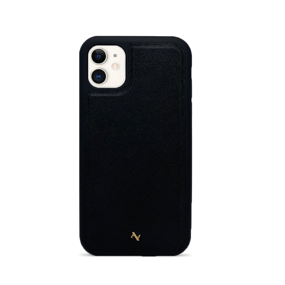 Moon River Black Leather Case for iPhone 11, featuring genuine saffiano leather and soft rubber edges for protection.