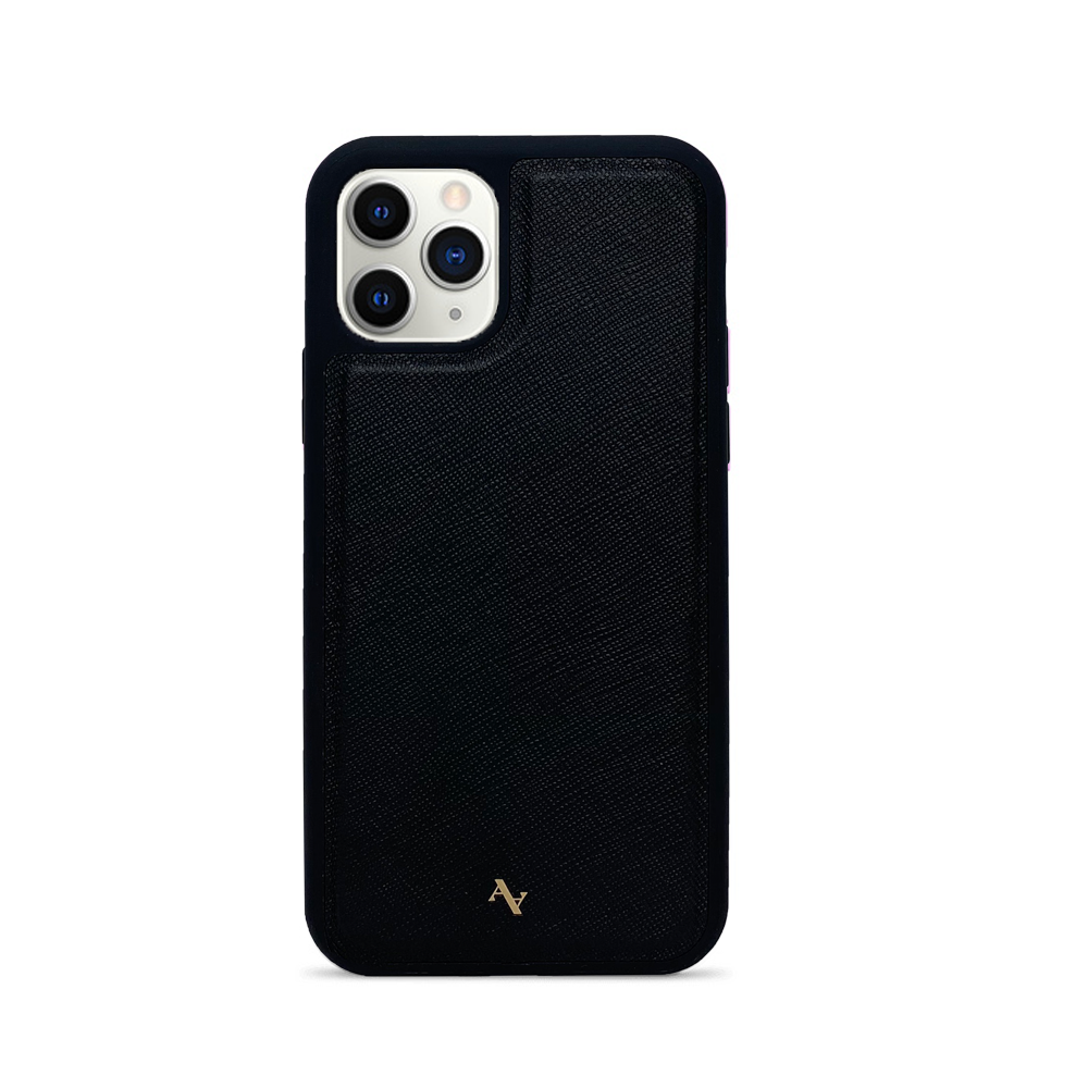 Moon River Black iPhone 11 Pro Leather Case made from genuine saffiano leather with a soft rubber rim for protection.