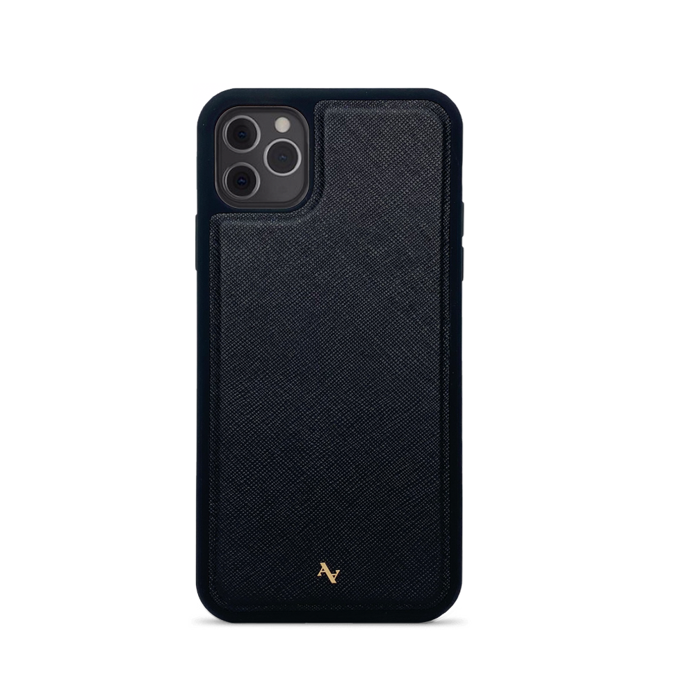 Moon River Black iPhone 11 Pro Max Leather Case with saffiano texture and rubber rim, showcasing personalization options.